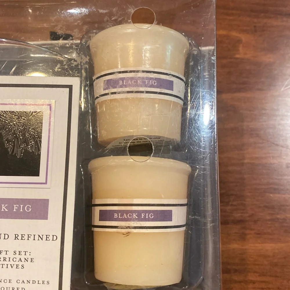 NIP Chesapeake Bay Candle 3x4” Clear Glass Holder + 2 Votives 2” Black Fig NEW